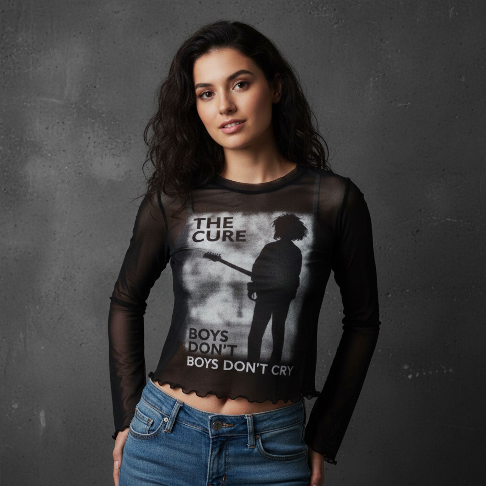 Image of The Cure Ladies Long Sleeve Mesh Crop Top: Boys Don't Cry