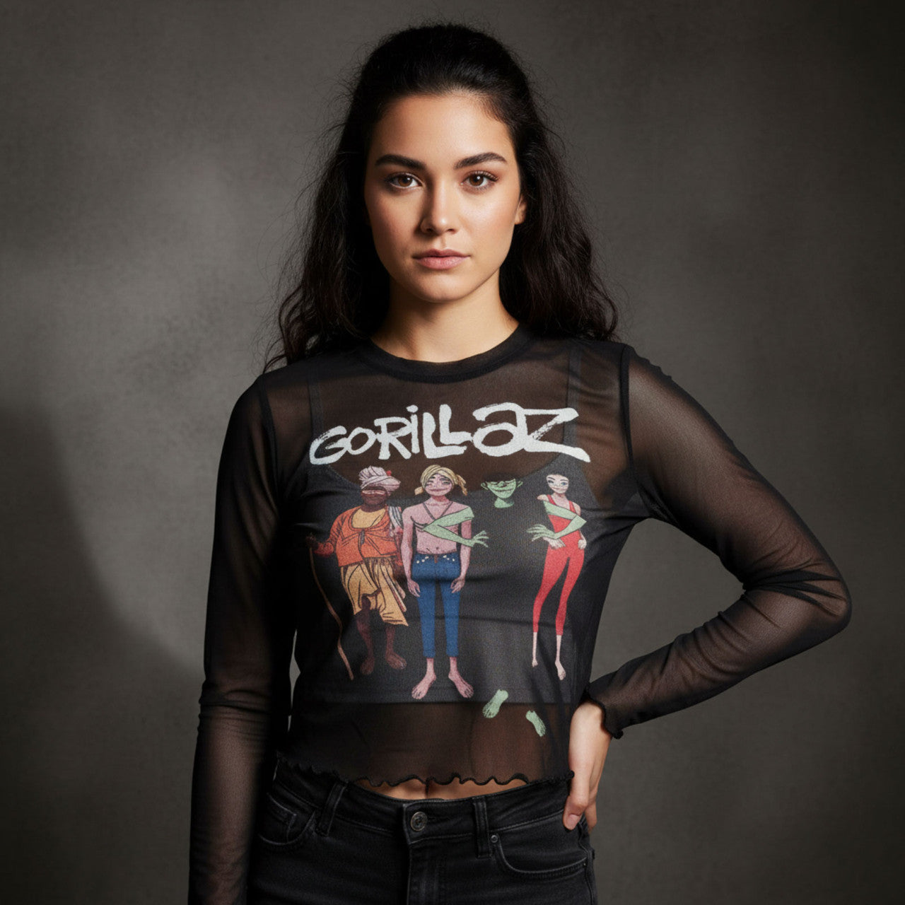 Image of Gorillaz Ladies Long Sleeve Mesh Crop Top: The Mountain Group