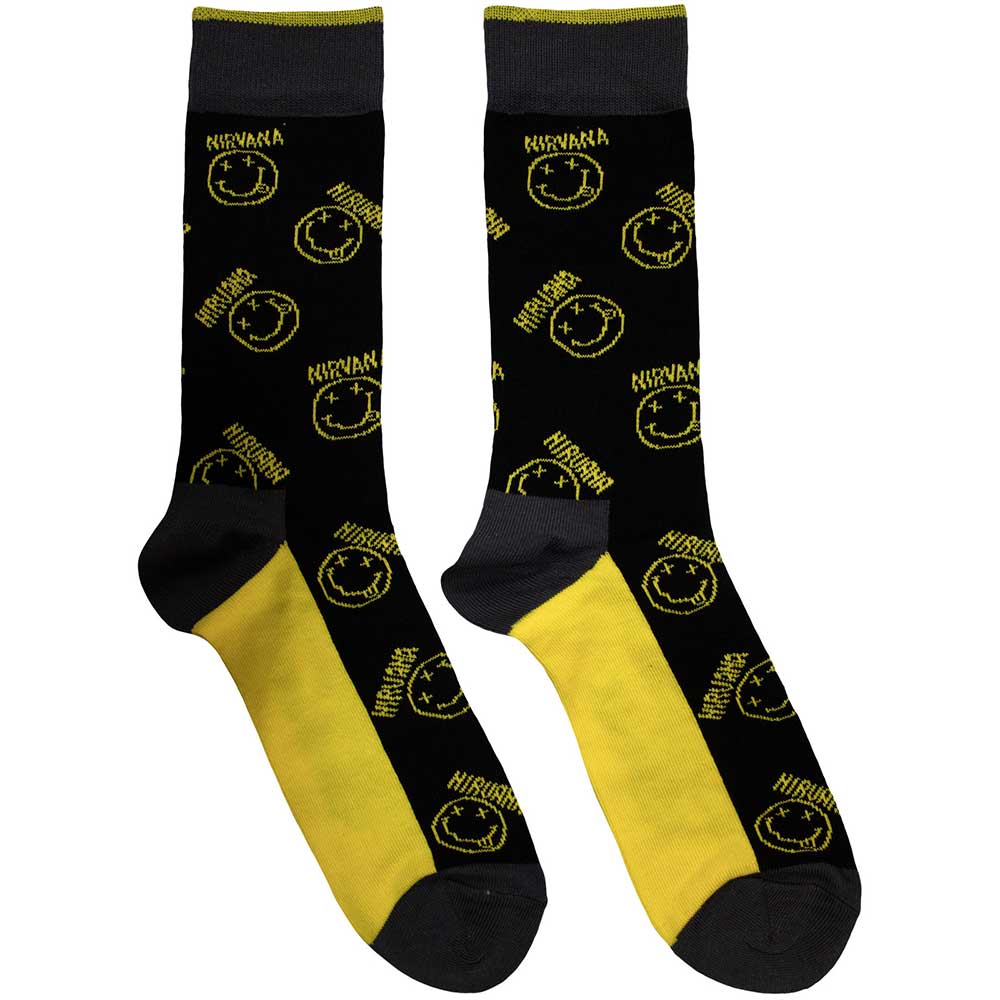 Image of Nirvana Unisex Terry Socks: Yellow Happy Face Pattern Rock Off