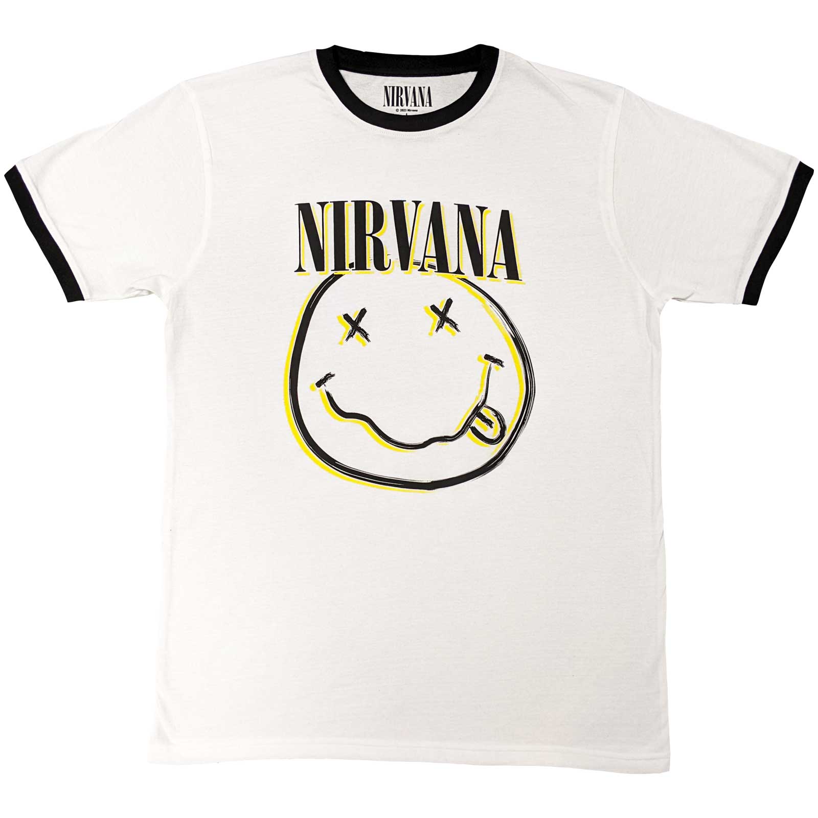Image of Nirvana Unisex Ringer T-Shirt - Double Happy Face Rock Off