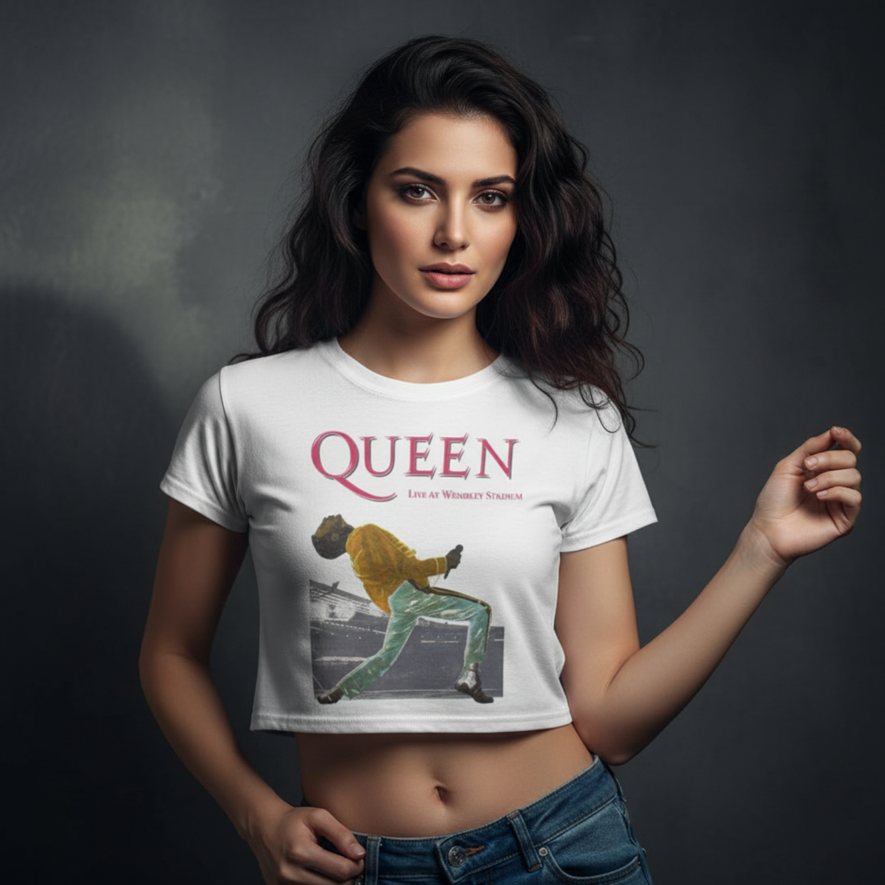 Image of Queen Ladies Crop Top: Wembley Stadium Magenta Logo
