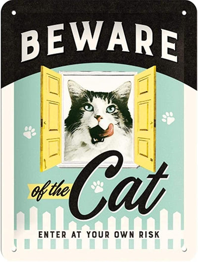 Animal Club Beware of the Cat Metal Plate Sign By Nostalgic Art