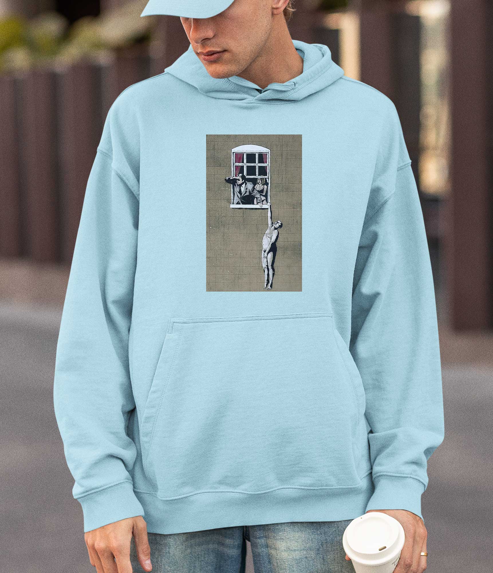 Image of Banksy Hoodie - Naked Man Hanging Banksy-Apparel