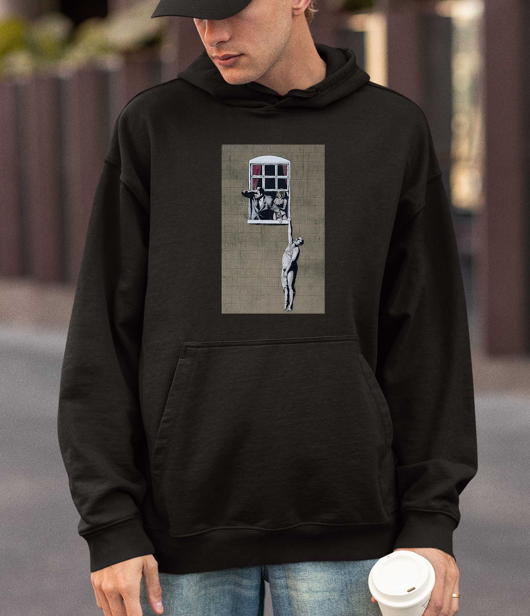 Image of Banksy Hoodie - Naked Man Hanging Banksy-Apparel