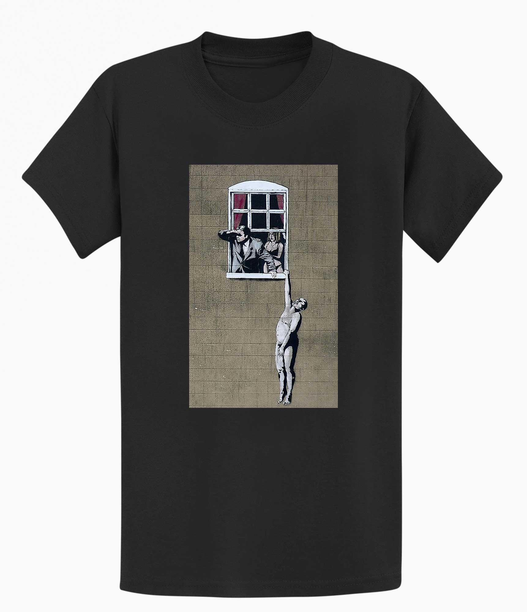 Image of Banksy Men's T-shirt - Naked Man Hanging Banksy-Apparel