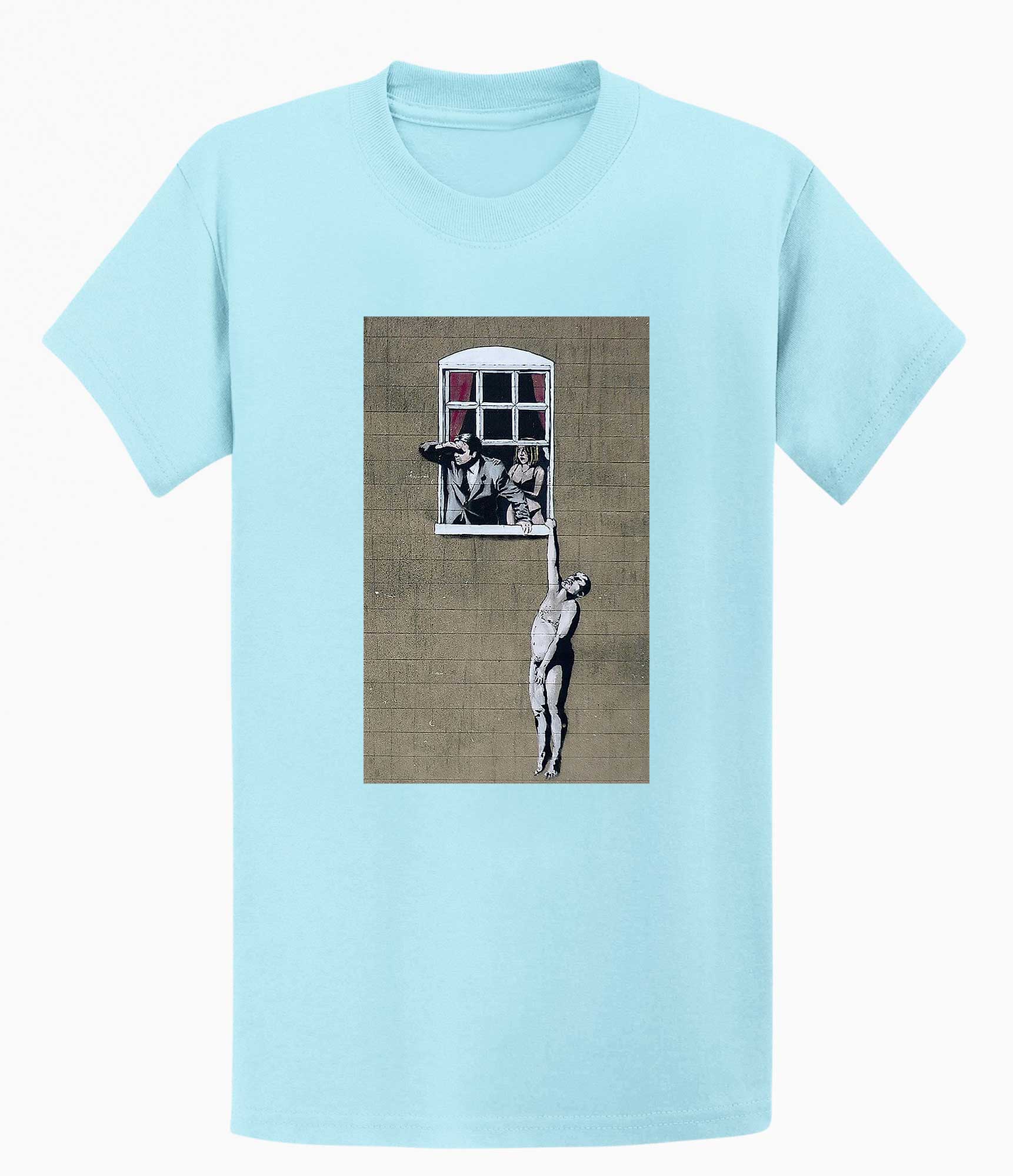 Image of Banksy Men's T-shirt - Naked Man Hanging Banksy-Apparel