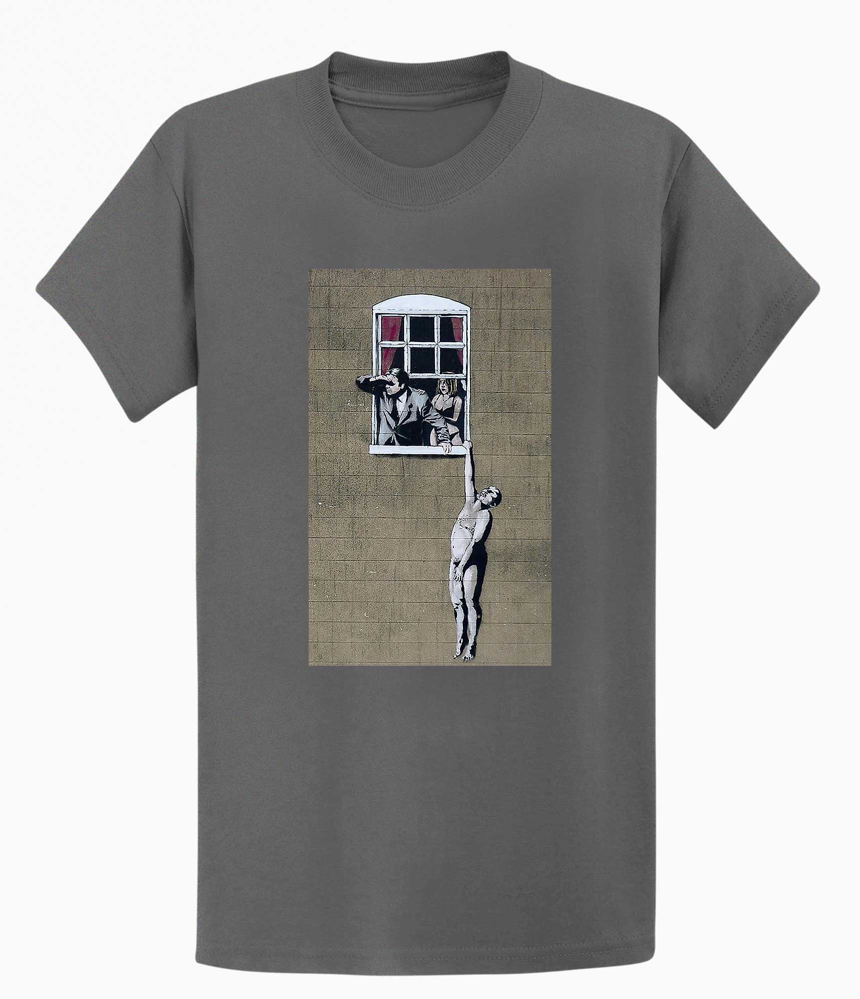 Image of Banksy Men's T-shirt - Naked Man Hanging Banksy-Apparel