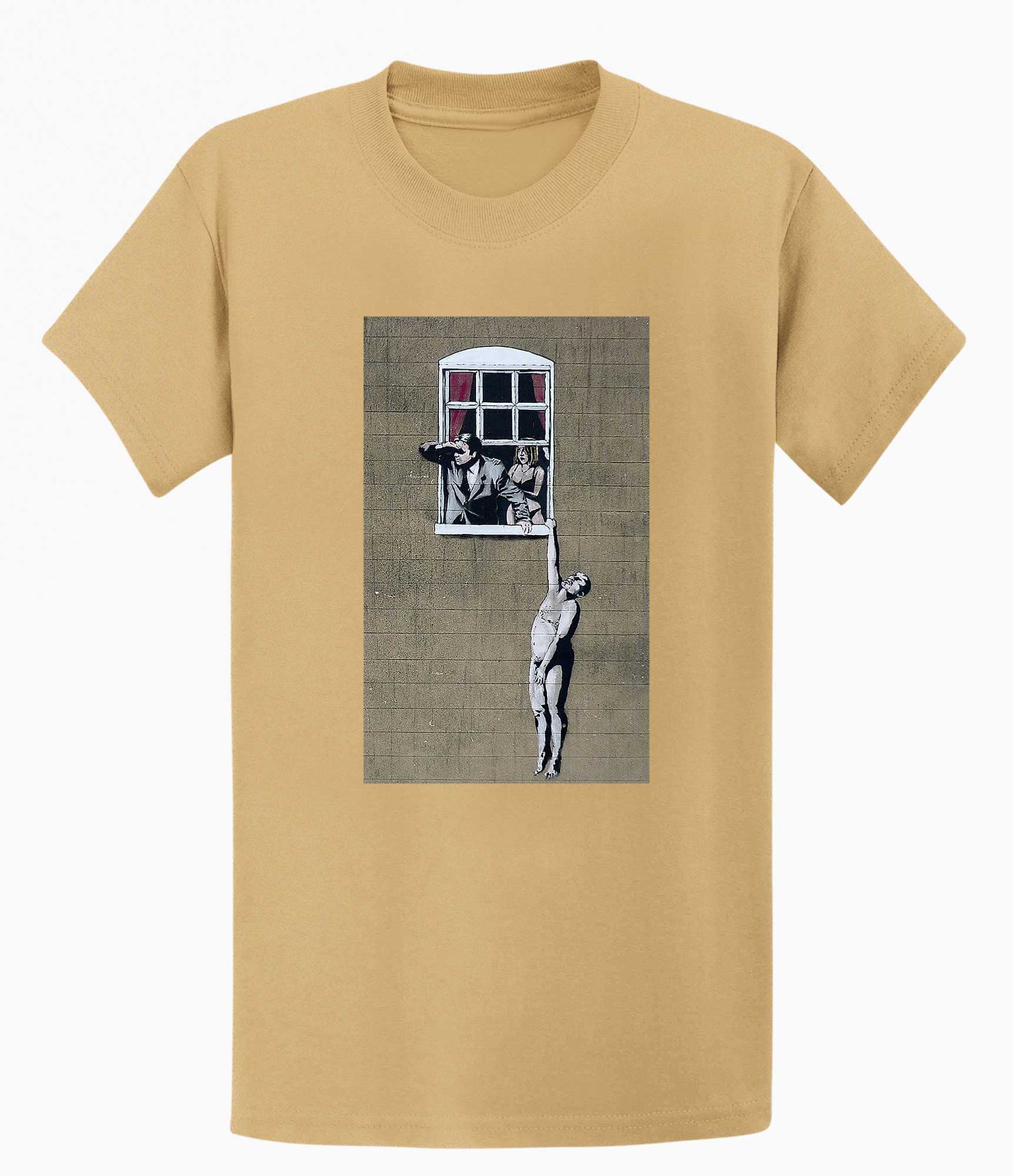 Image of Banksy Men's T-shirt - Naked Man Hanging Banksy-Apparel