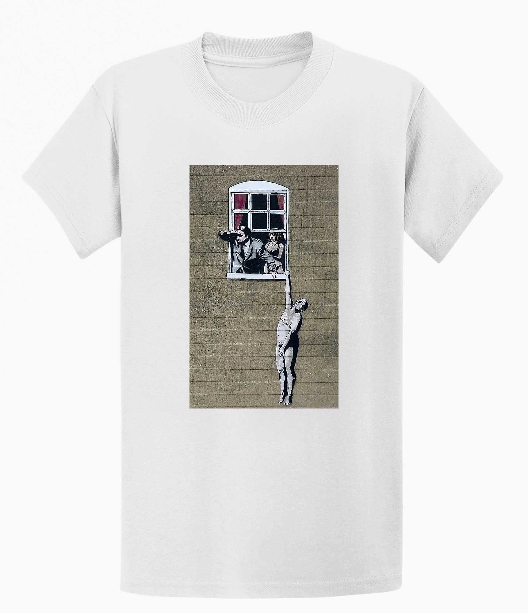 Image of Banksy Men's T-shirt - Naked Man Hanging Banksy-Apparel
