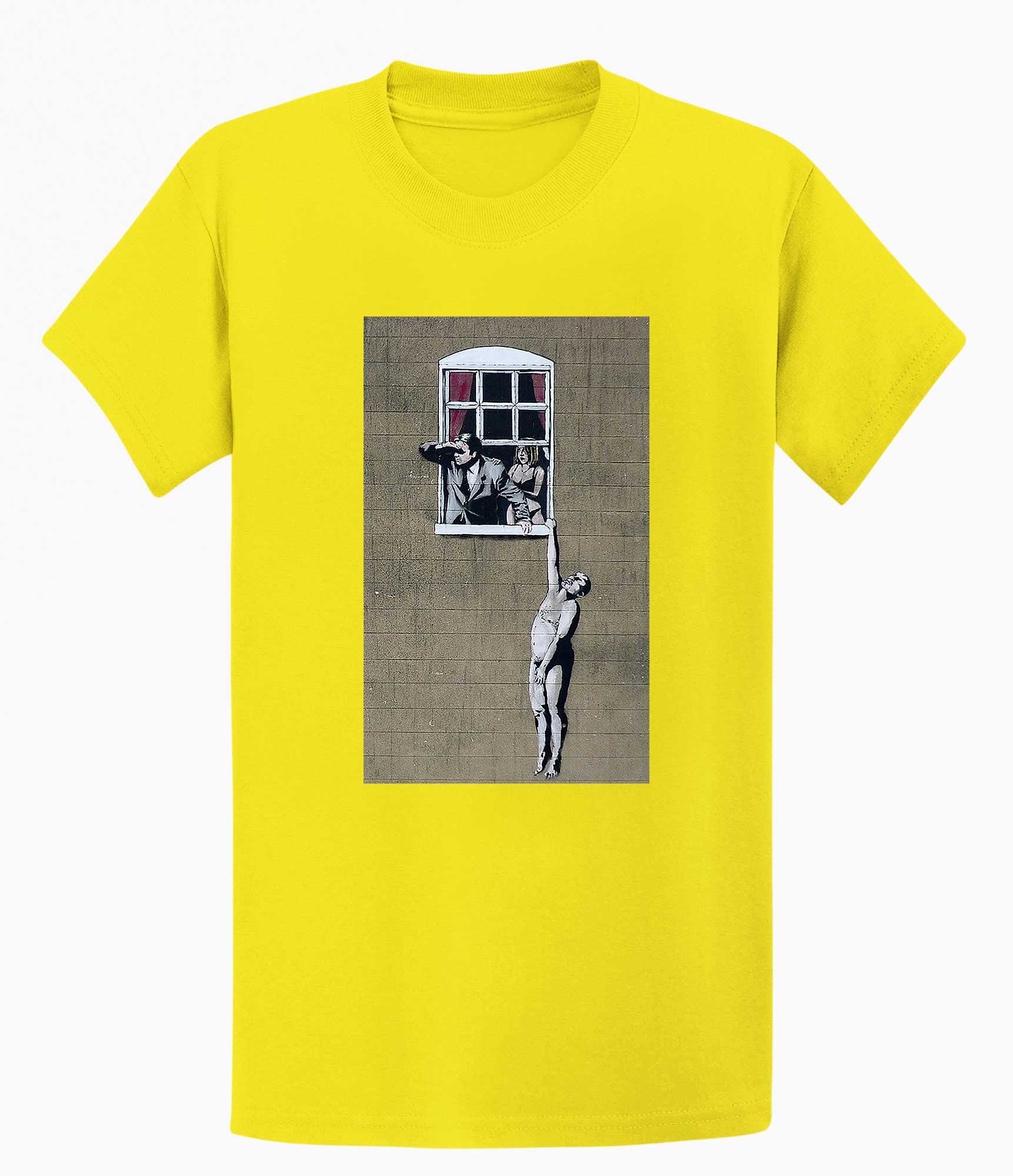 Image of Banksy Men's T-shirt - Naked Man Hanging Banksy-Apparel