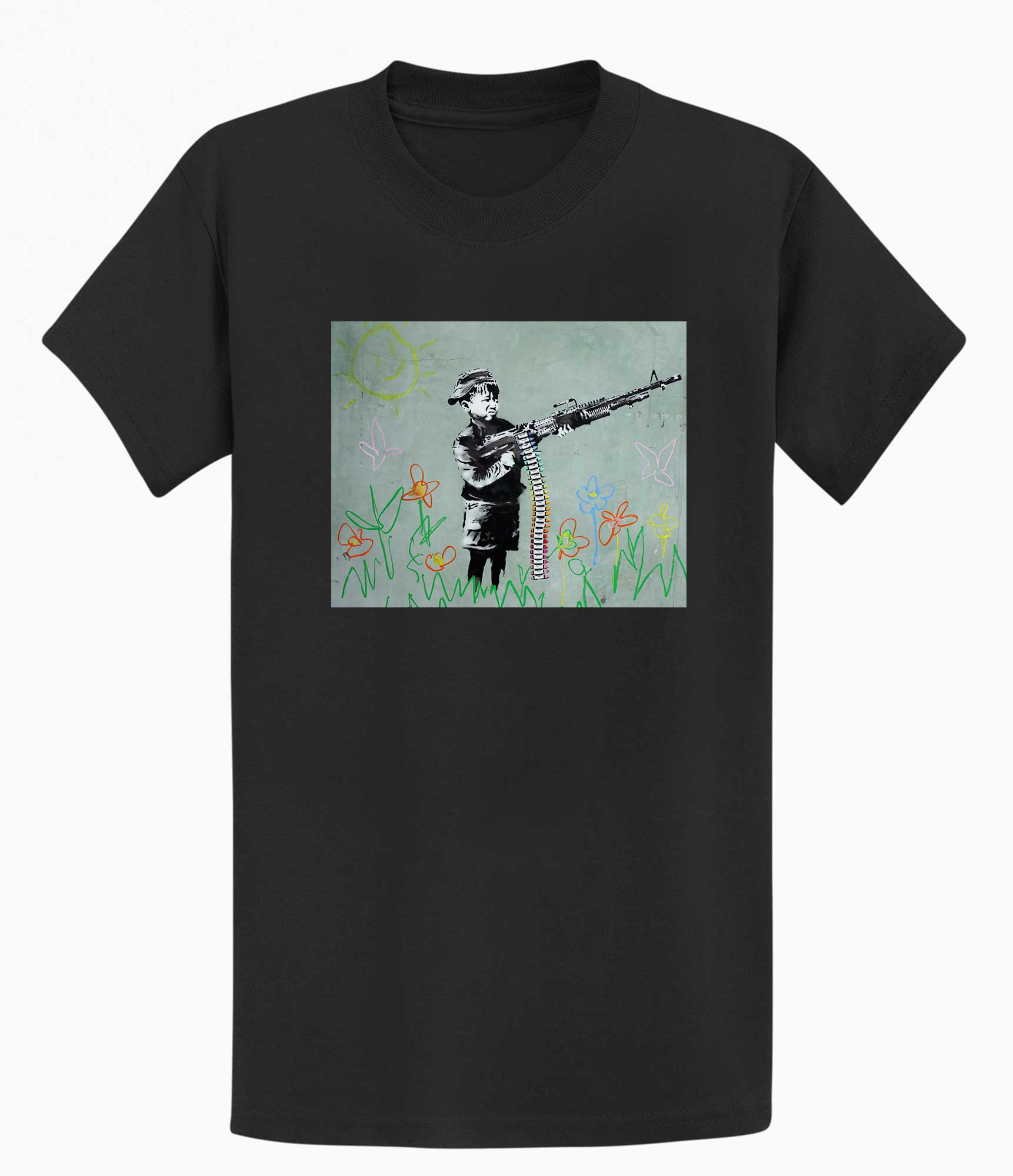 Image of Banksy Unisex T-Shirt - Banksy Boy With machine gun Banksy-Apparel