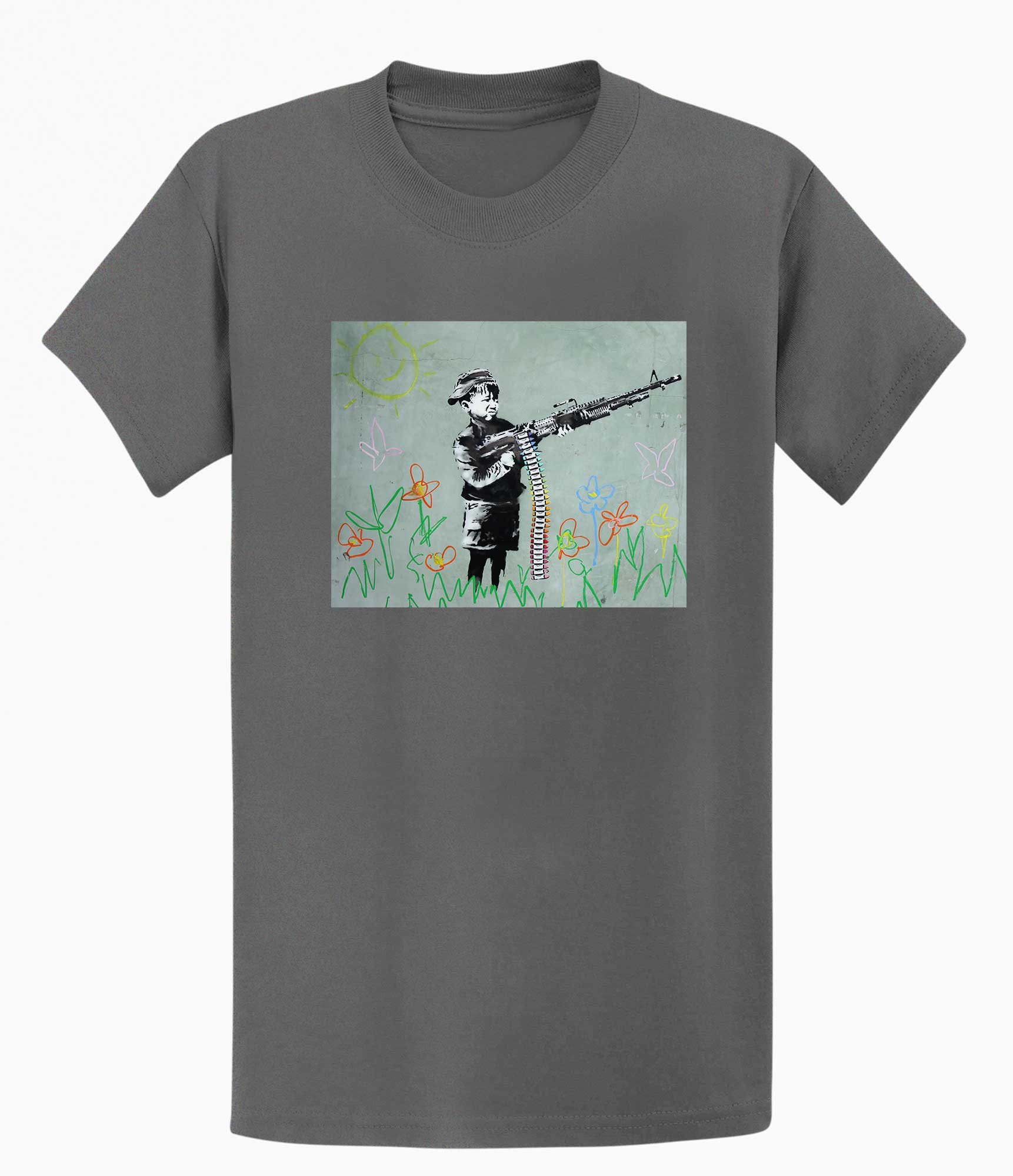 Image of Banksy Unisex T-Shirt - Banksy Boy With machine gun Banksy-Apparel