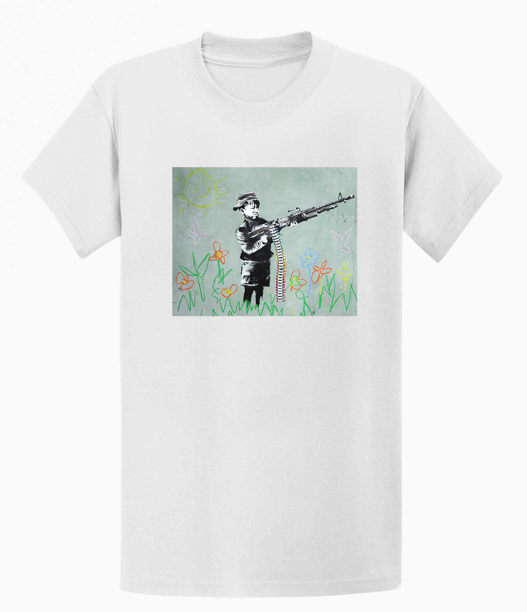Image of Banksy Unisex T-Shirt - Banksy Boy With machine gun Banksy-Apparel