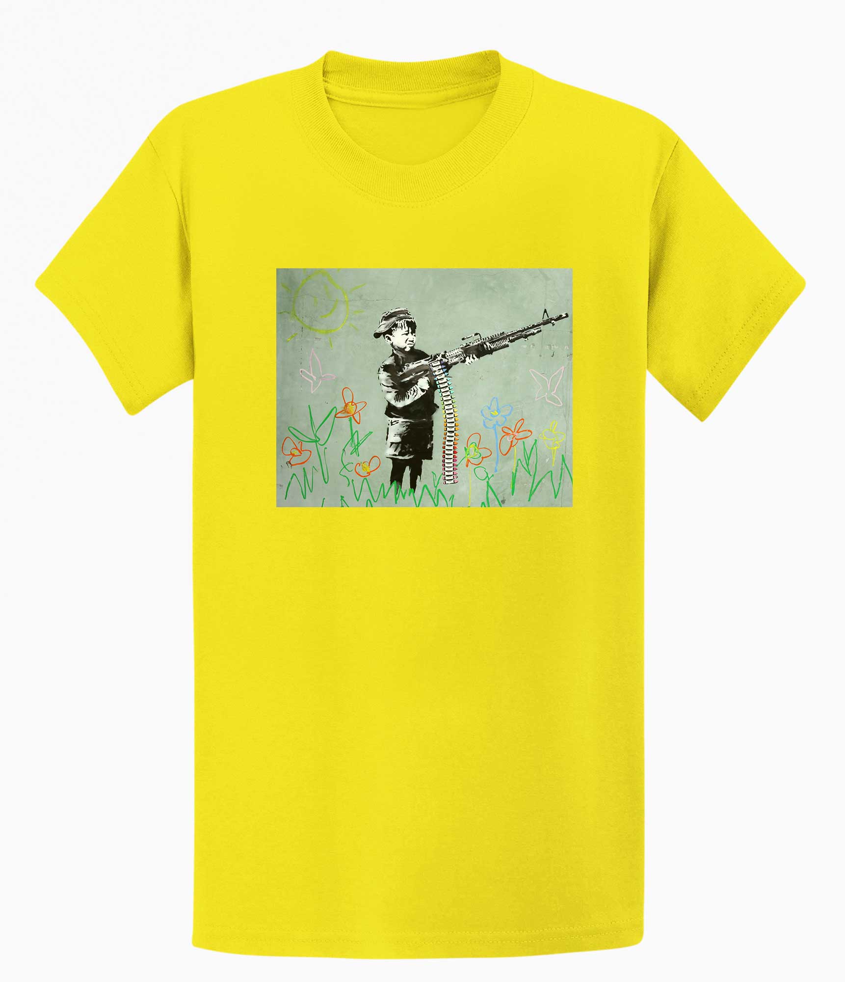 Image of Banksy Unisex T-Shirt - Banksy Boy With machine gun Banksy-Apparel
