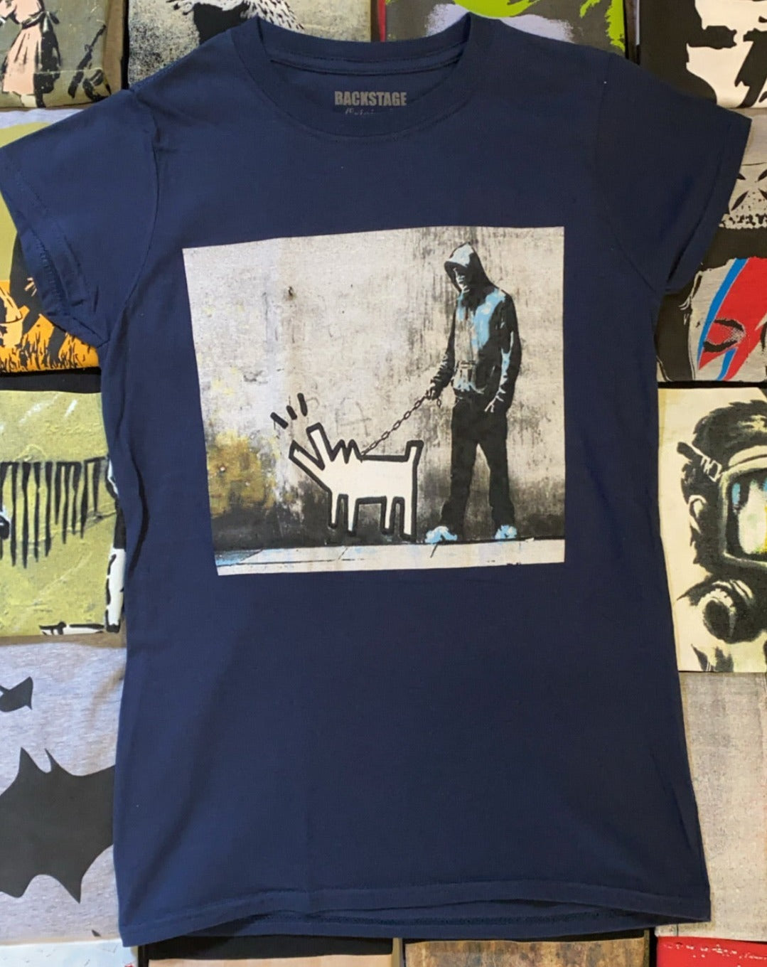 Image of Banksy Dog Walker Blue Ladies T-shirt